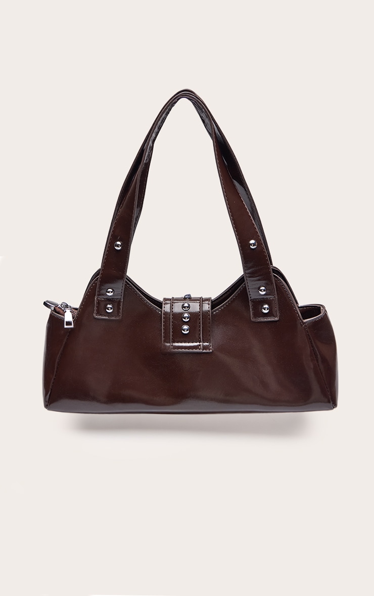 Chocolate Plum Crinkle Faux Leather Dome Stud Shoulder Bag image 4