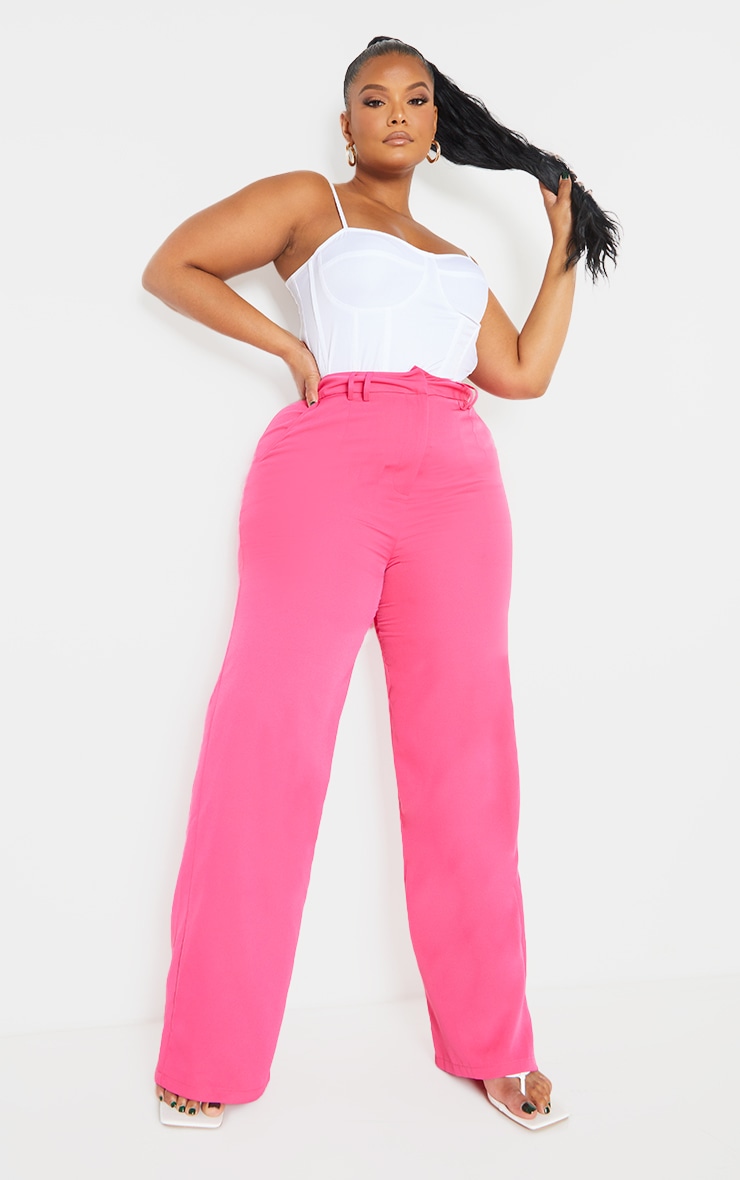 Plus Pantalon jambes évasées en maille rose à passants de ceinture image 1