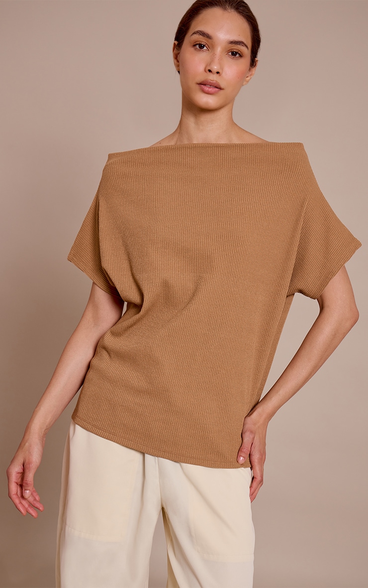 Tan Thick Rib Asymmetric Slouchy Long Top