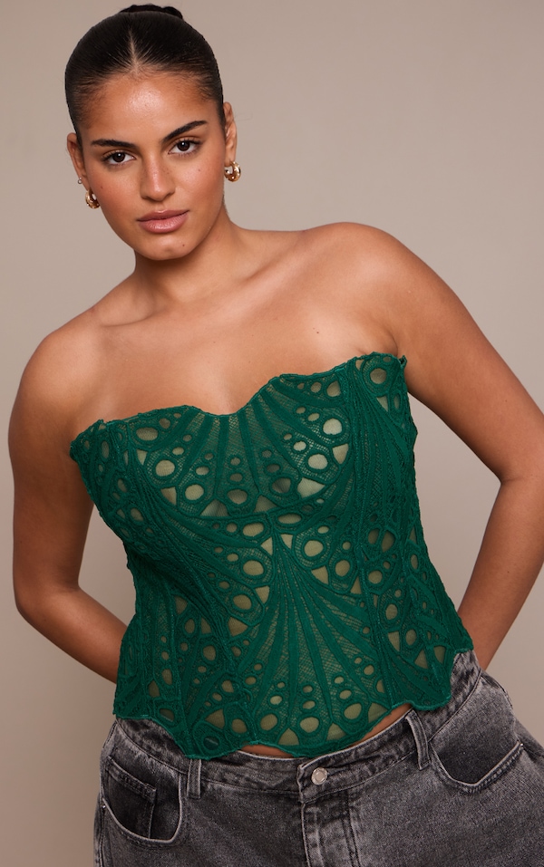Plus Emerald Green Textured bandeau Sheer Floral Lace Corset
