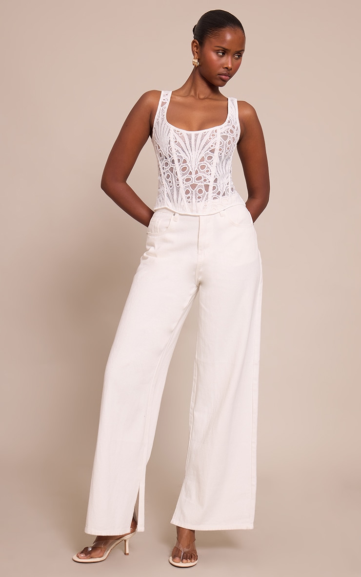 White Textured Sheer Floral Square Neck Lace Up Corset image 3