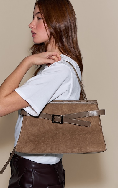 Mushroom Faux Suede Buckle Detail Handbag