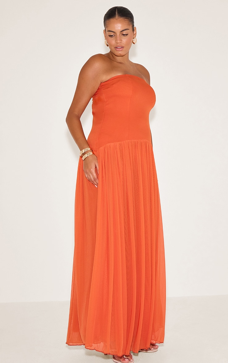 Plus Robe bustier longue en mousseline de soie orange plissée image 1