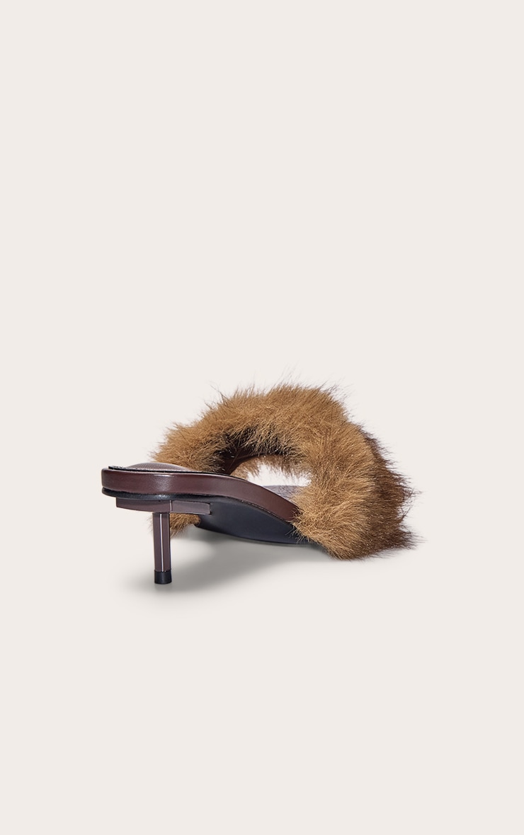 Chocolate Faux Fur Round Toe Kitten Mules image 4