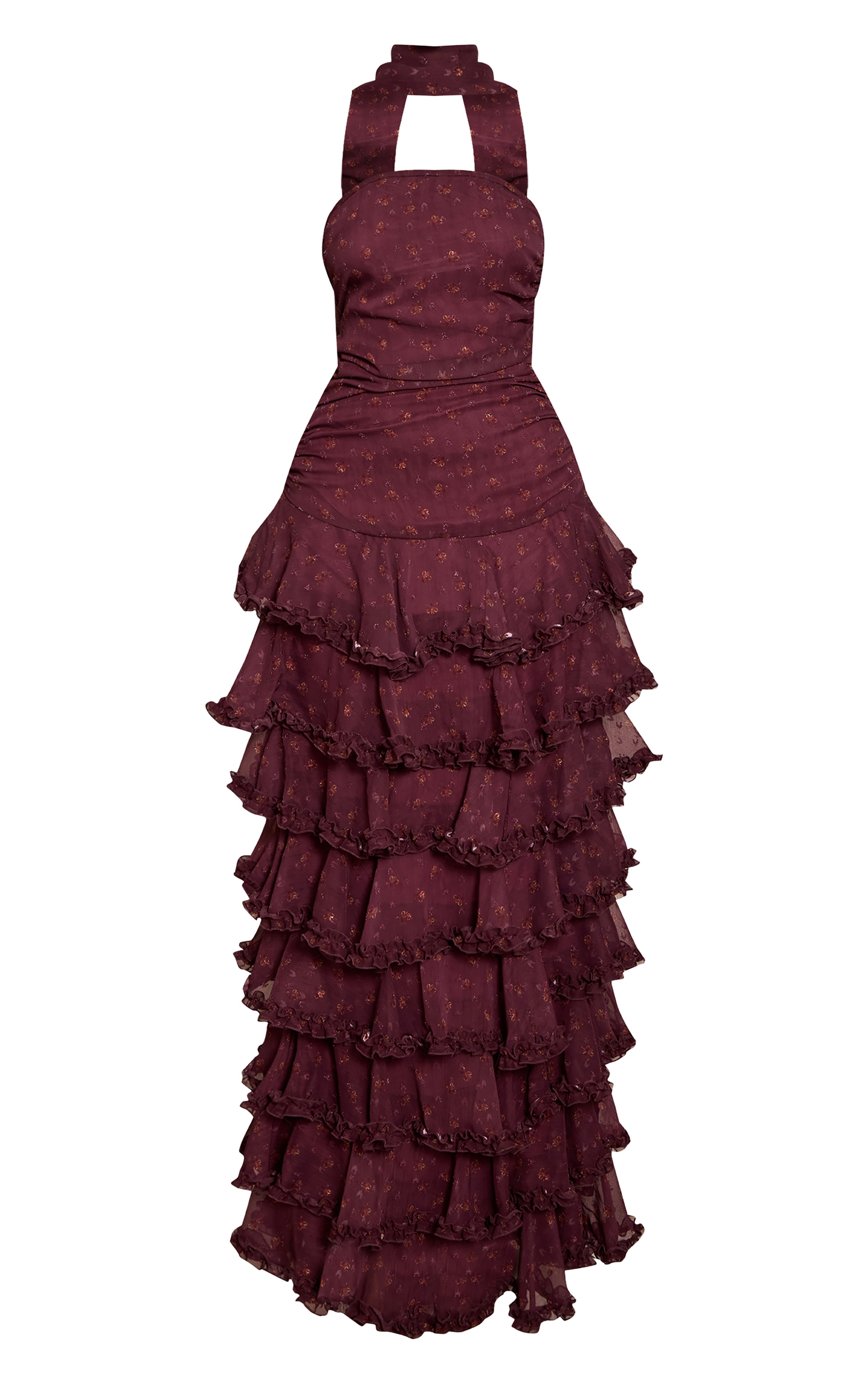 Robe longue en mousseline de soie rouge vin imprimé petites fleurs à étages volantés image 5