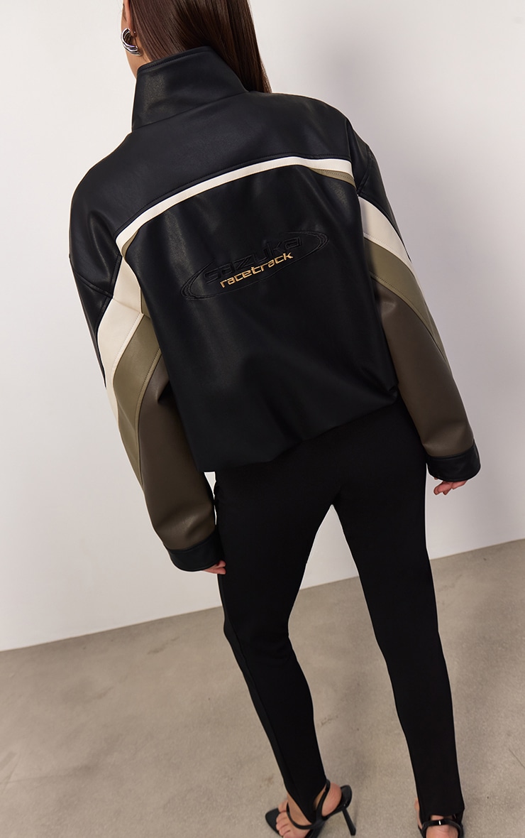 Black Contrast Panel Funnel Neck Faux Leather Biker Jacket image 2