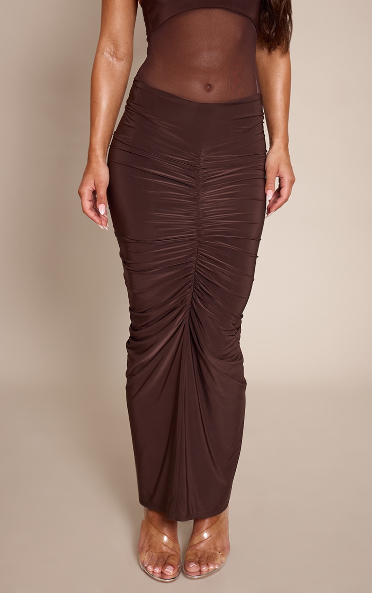 Chocolate Double Layer Slinky Ruched Detail Maxi Skirt  image 2