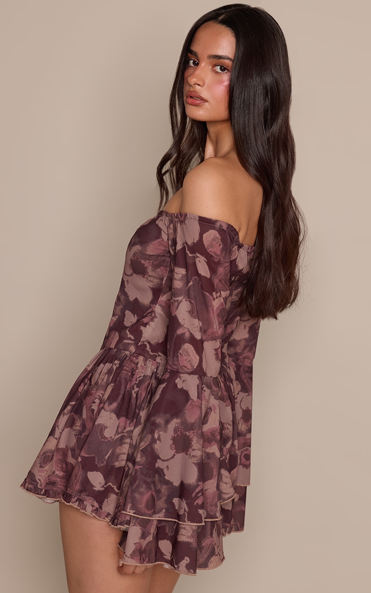 Brown Abstract Bardot Flare Sleeve Romper image 2