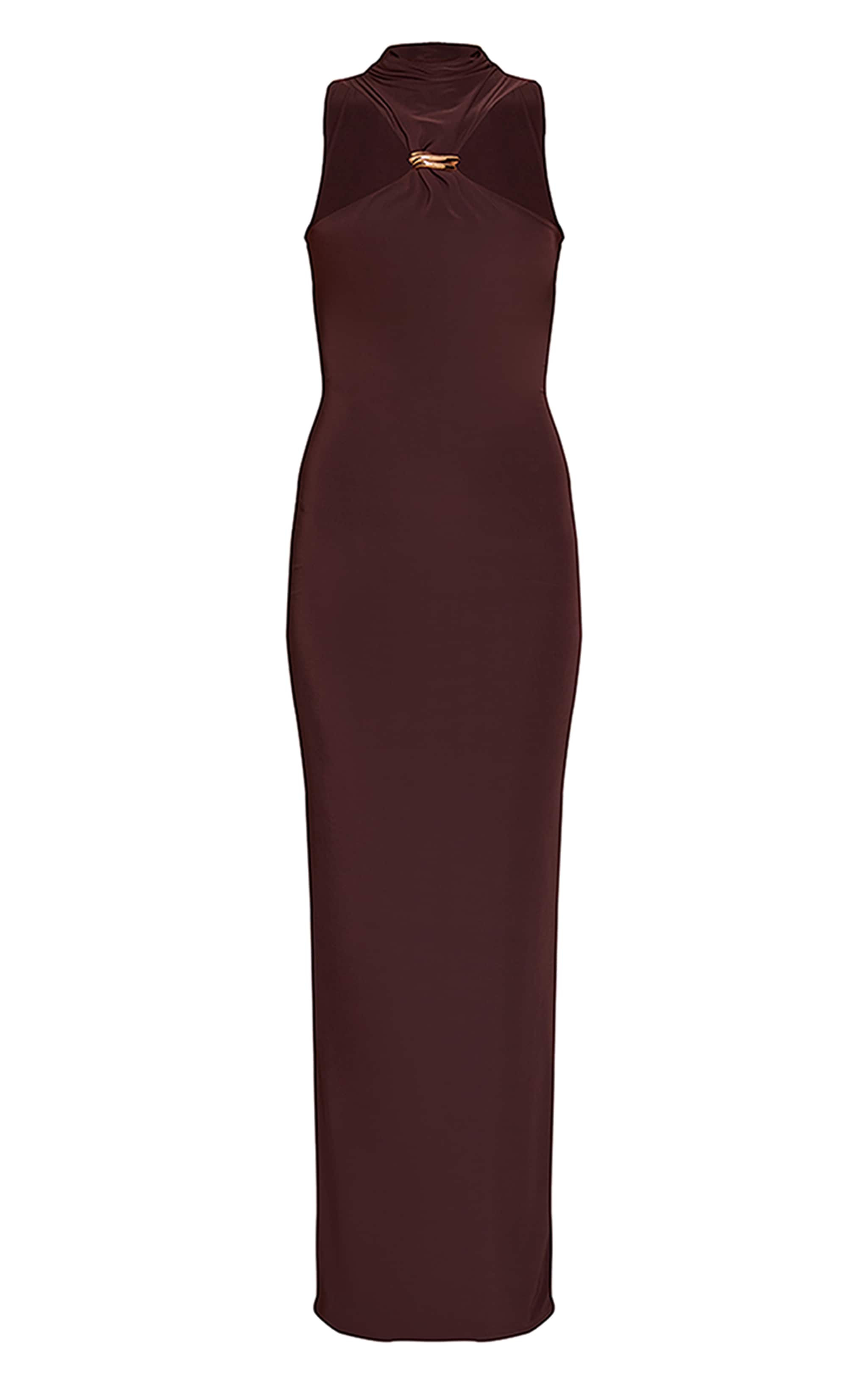 Chocolate Double Layer Slinky High Neck Trim Detail Maxi Dress image 5