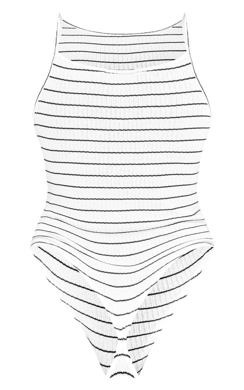 White Spaghetti Strap Square Neck Thong Ribbed Bodysuit