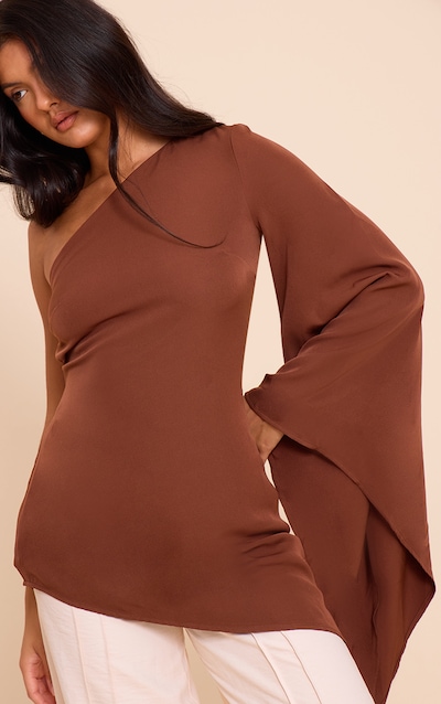 Chocolate Woven Asymmetric Flare Sleeve Long Top