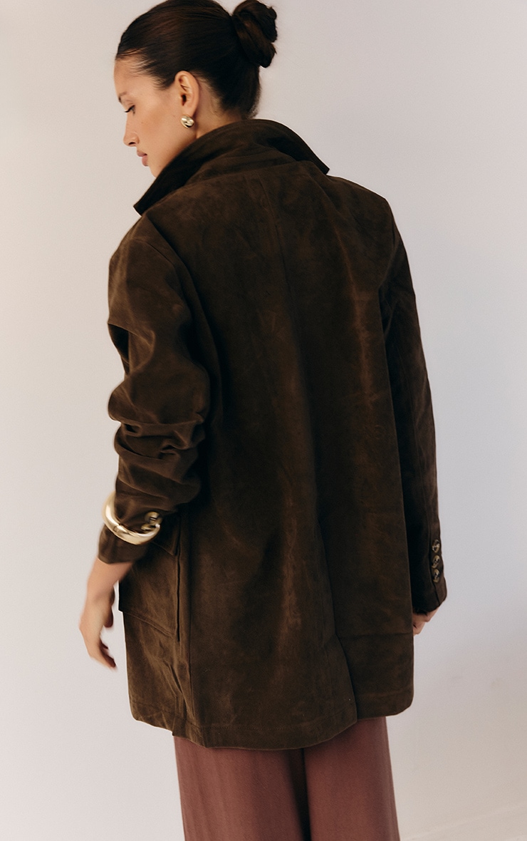 Dark Brown Oversized Longline Faux Suede Blazer Coat image 4