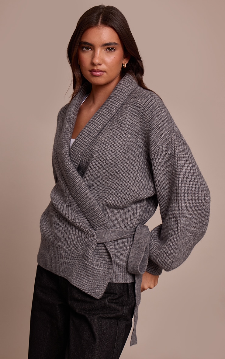 Grey Chunky Knit Rib Wrap Cardigan image 1