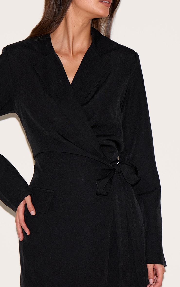 Black Woven Wrap Tie Blazer Dress image 4