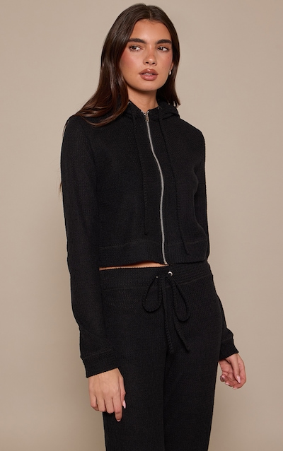 Black Brushed Waffle Rib Zip Up Top