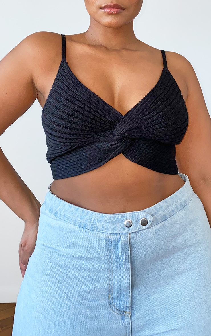 Plus Black Knit Twist Front Crop Top image 4