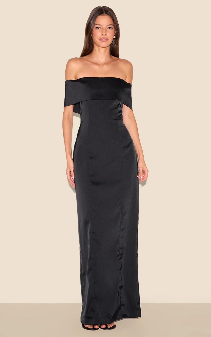 Black Bridesmaid Bardot Fold Over Sleeveless Maxi Dress image 1