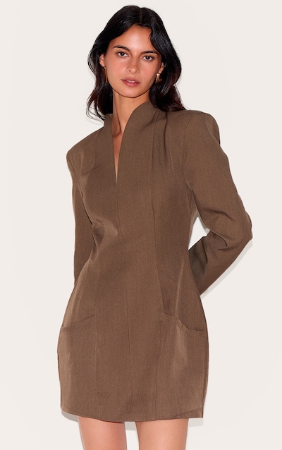 Mushroom Woven Collarless Long Sleeve Blazer Dress