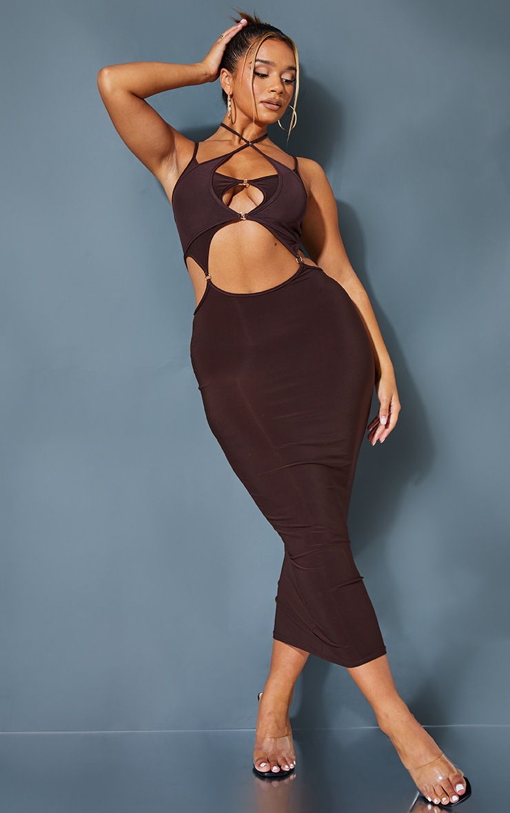 Shape Chocolate Brown Ring Overlay Midaxi Dress | PrettyLittleThing 