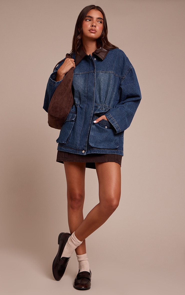 Dark Blue PU Contrast Collar Cinched Denim Jacket