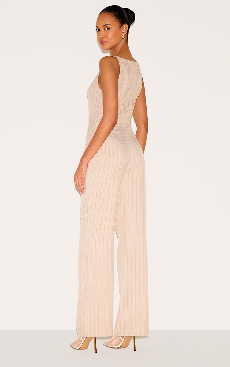 Stone Pinstripe Linen Button Down Peplum Hem Jumpsuit image 2