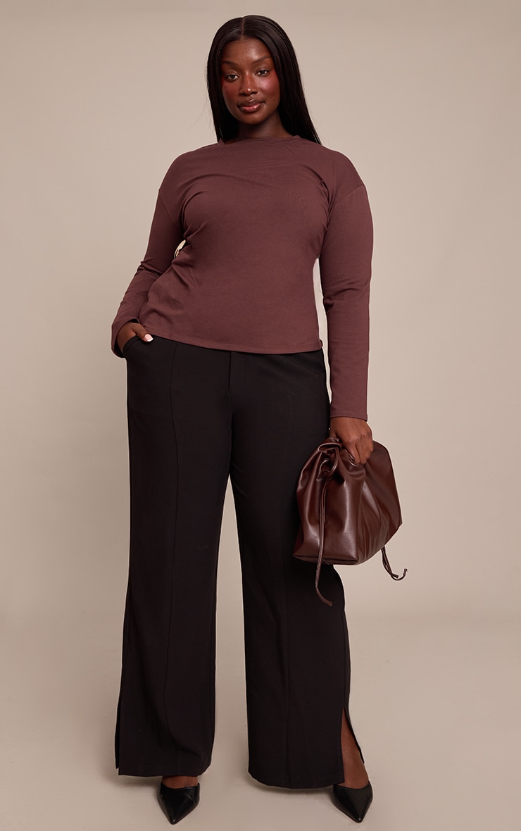 Plus Chocolate Cotton Side Trim Detail Long Sleeve T-shirt  image 3