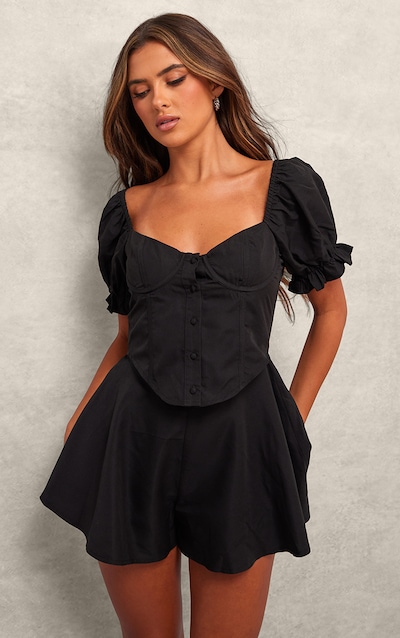 Black Tailored Woven Puff Sleeve Corset Playsuit