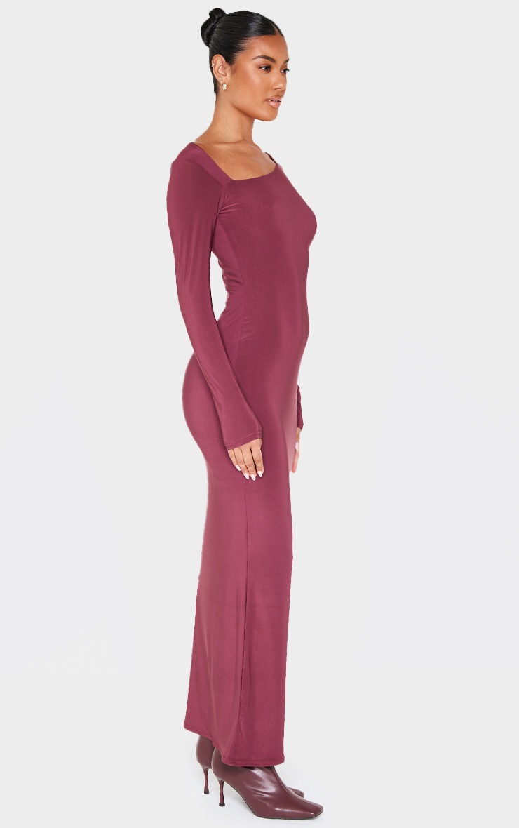 Burgundy Double Slinky Asymmetric Neckline Long Sleeve Maxi Dress image 3