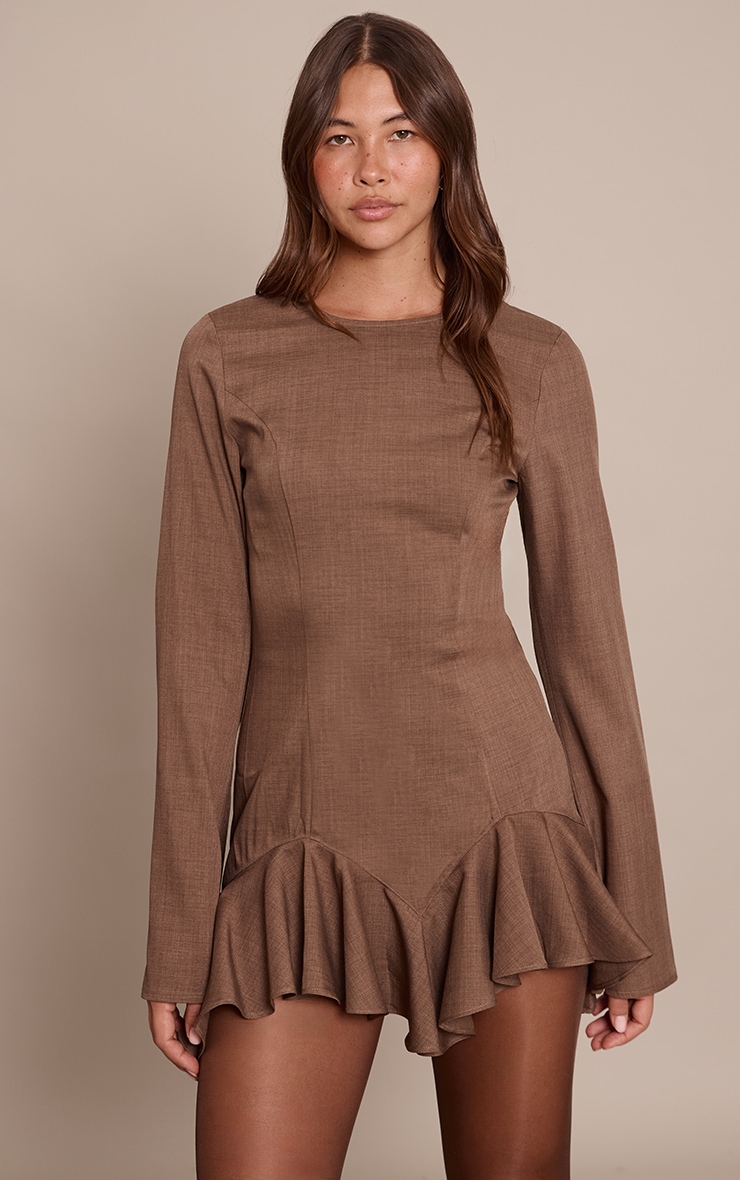 Chocolate Tailored Boat Neck Frill Shift Dress image 1