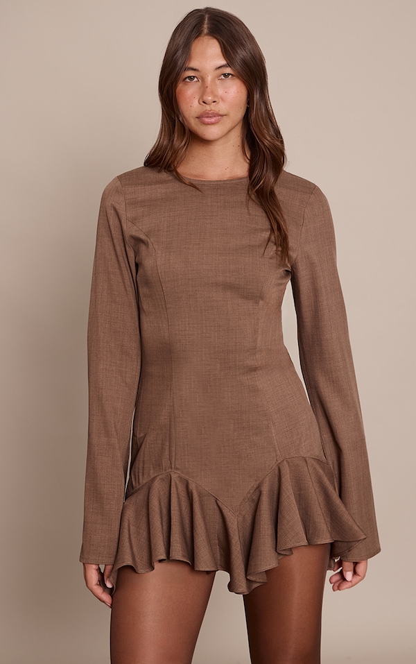 Chocolate Tailored Boat Neck Frill Shift Dress