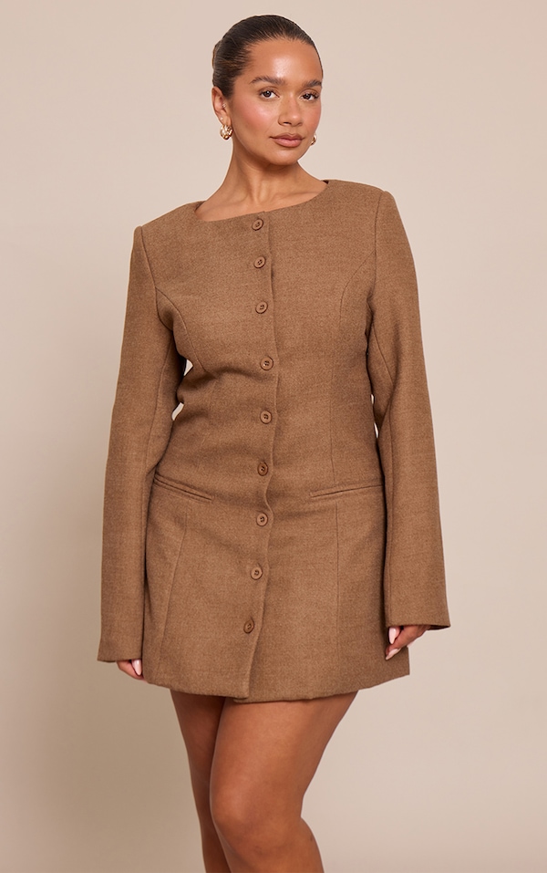 Shape Chocolate Wool Look Button Front Tailored Mini Dress