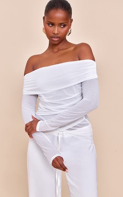 Cream Stretch Chiffon Ruching Bardot Detail Long Sleeve Top