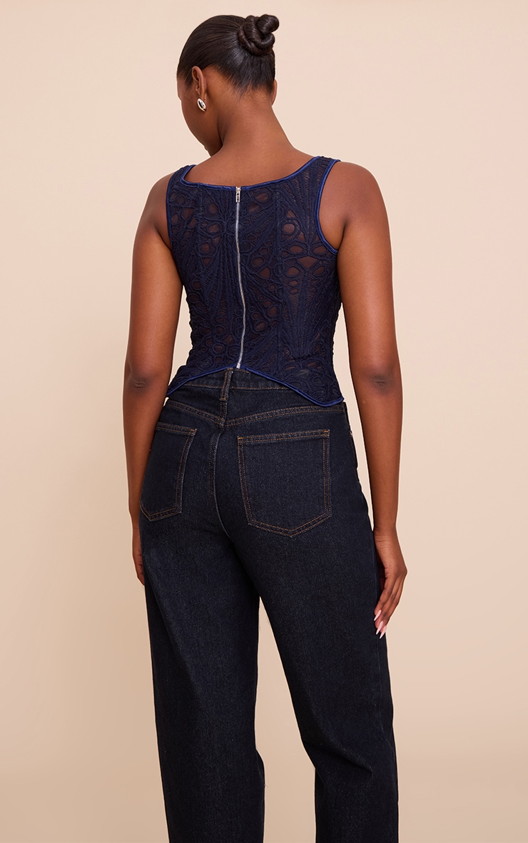 Navy Textured Sheer Floral Square Neck Corset image 2