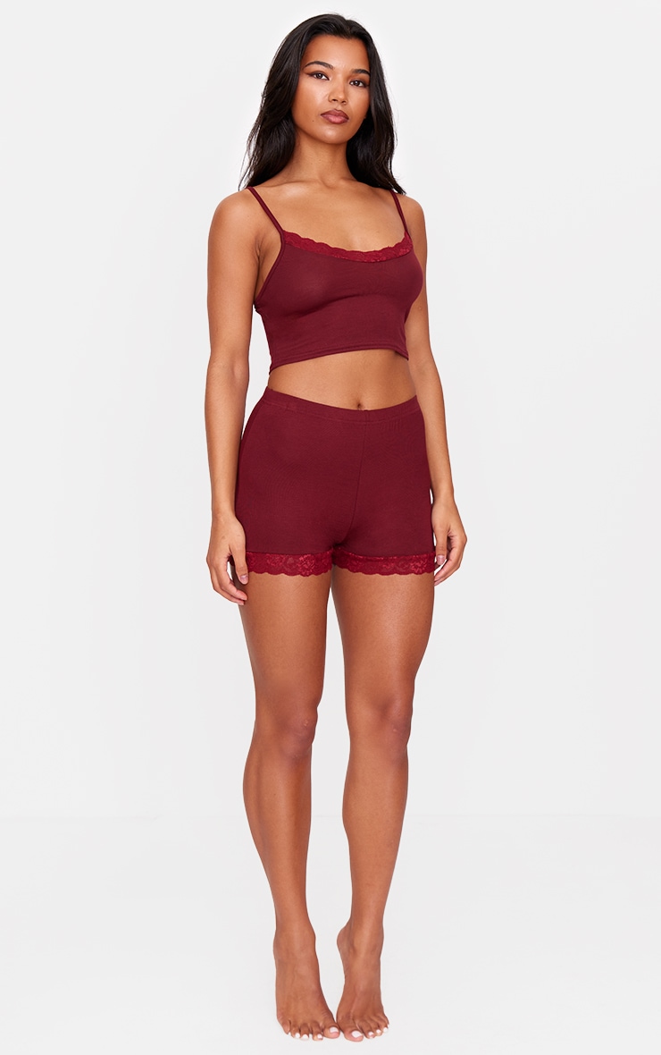 Burgundy Lace Trim Cami Short Pj Set image 3