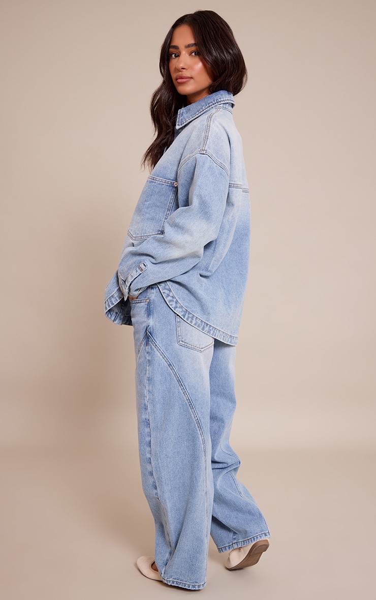 Petite Mid Blue Seam Detail Barrel Jeans image 3