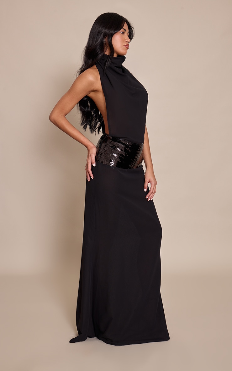 Black Chiffon High Neck Cowl Sequin Panel Maxi Dress image 3
