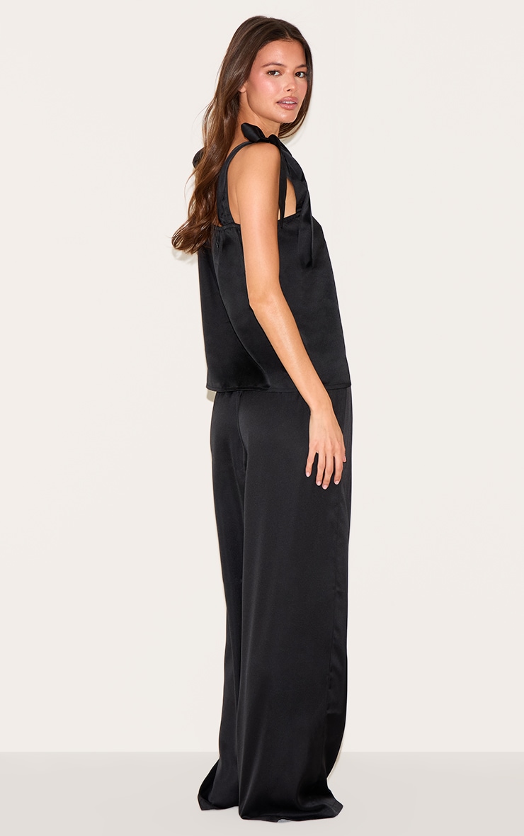 Black Satin Ribbon Tie Cami Long Pj Set | Lingerie