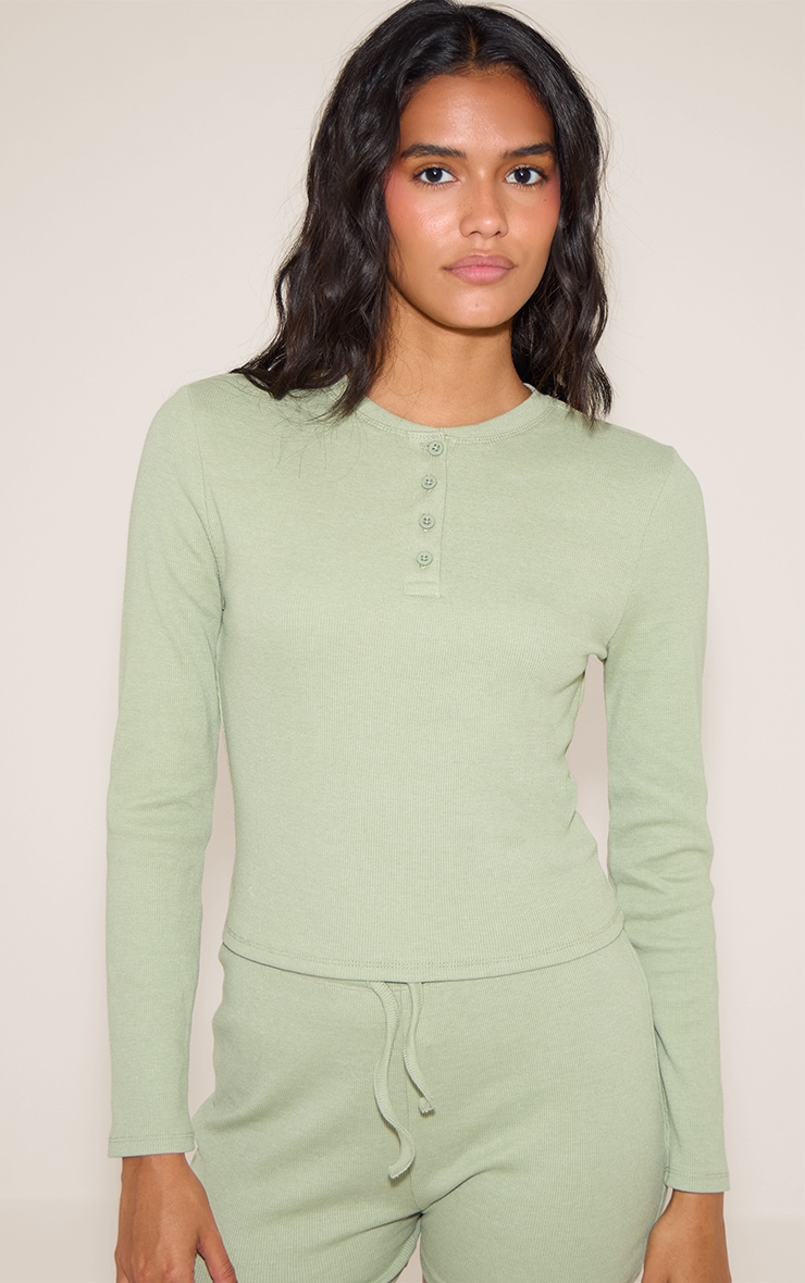 Sage Ribbed Button Down Long Sleeve Pj Top image 1