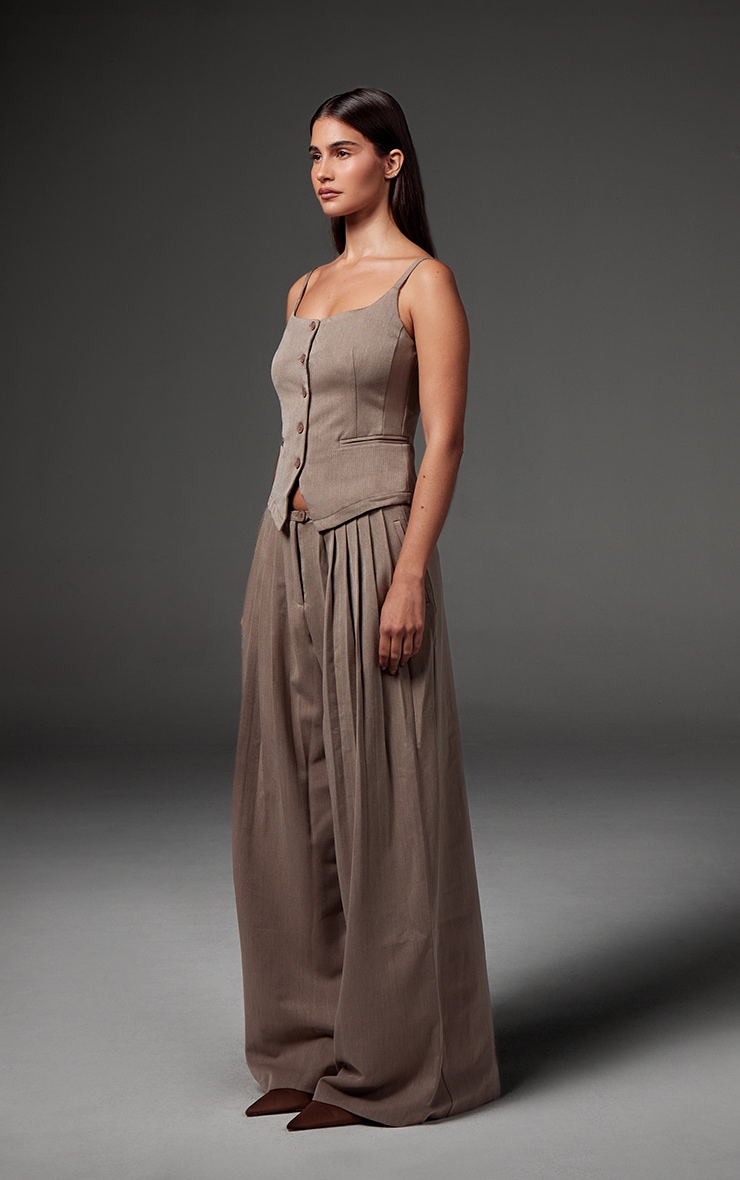 Premium Taupe Woven Pleated Waistband Extreme Wide Leg Pants image 2