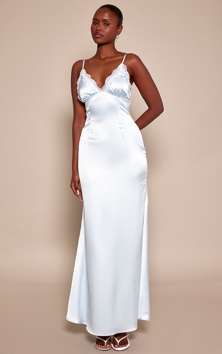 Baby Blue Satin Lace Cup Maxi Slip Dress image 1