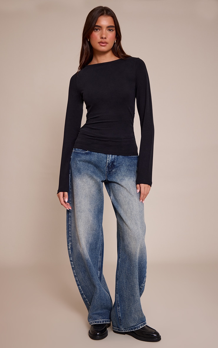 Black Soft Cotton Ruched Side Long Sleeve Top image 3