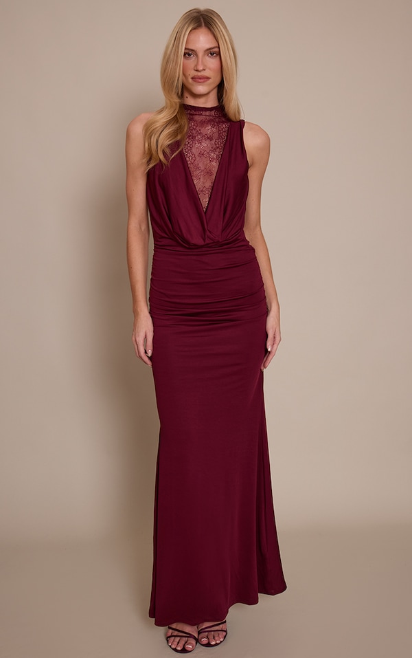 Burgundy Soft Lace Panel Cowl Neck Maxi Dress