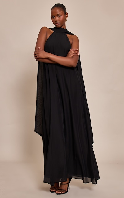 Black Chiffon High Neck Scarf Detail Maxi Dress
