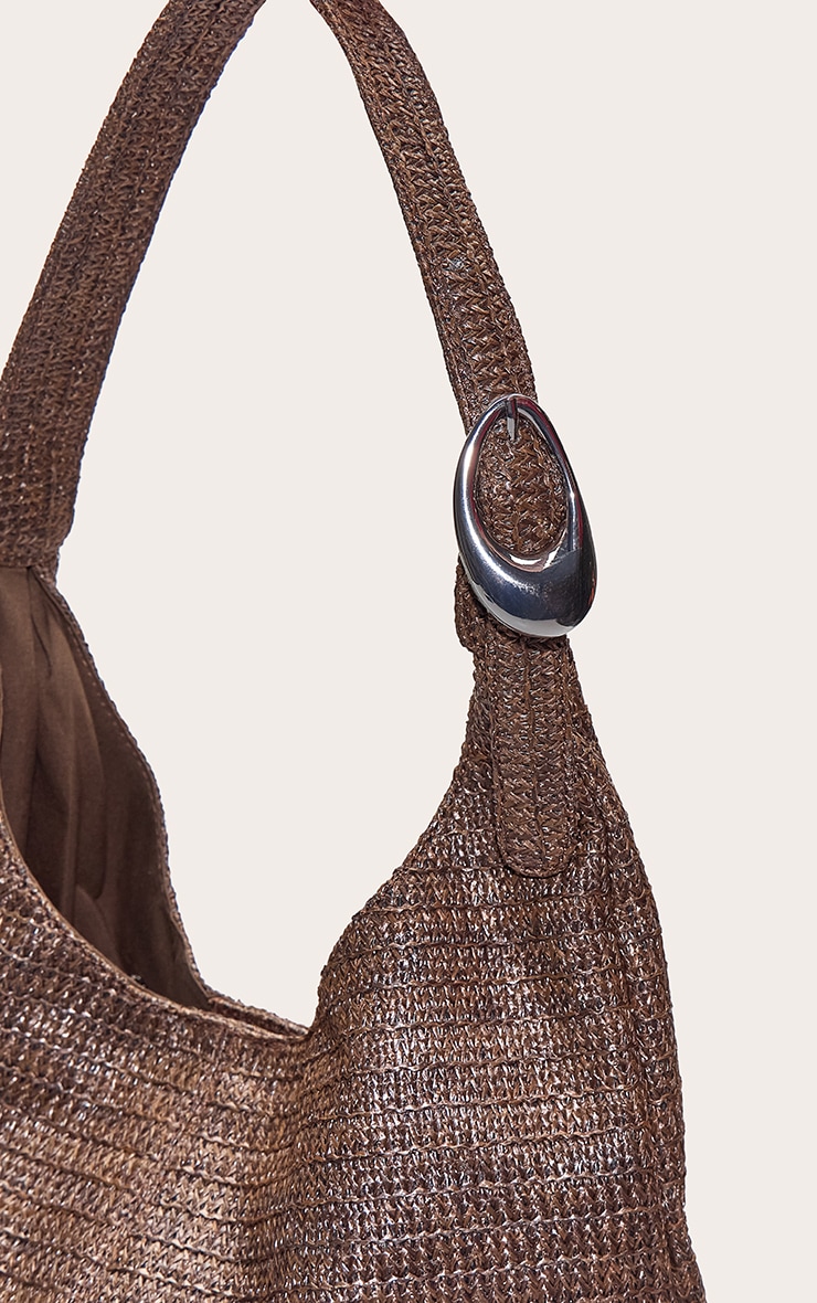 Chocolate Raffia Silver Buckle Large Tote Bag image 4