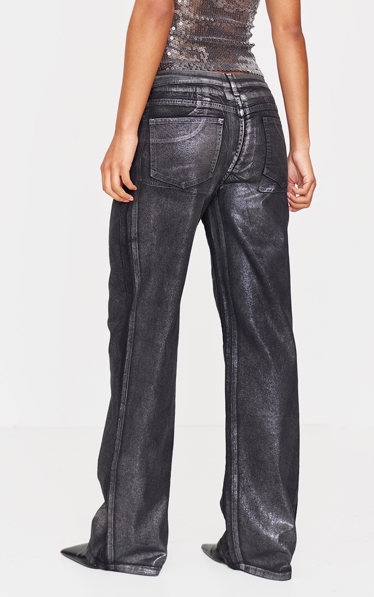 Black Metallic Effect Low Rise Wide Leg Jeans | Denim