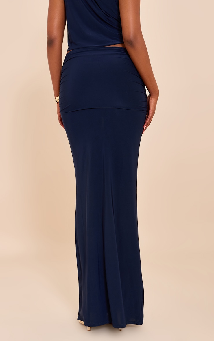 Navy Double Layer Slinky Ruched Waist Maxi Skirt image 3