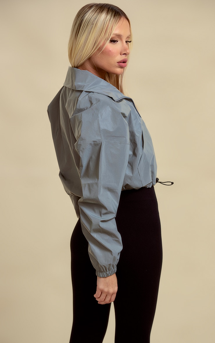 Grey Reflective Drawstring Hem Cropped Windbreaker image 2