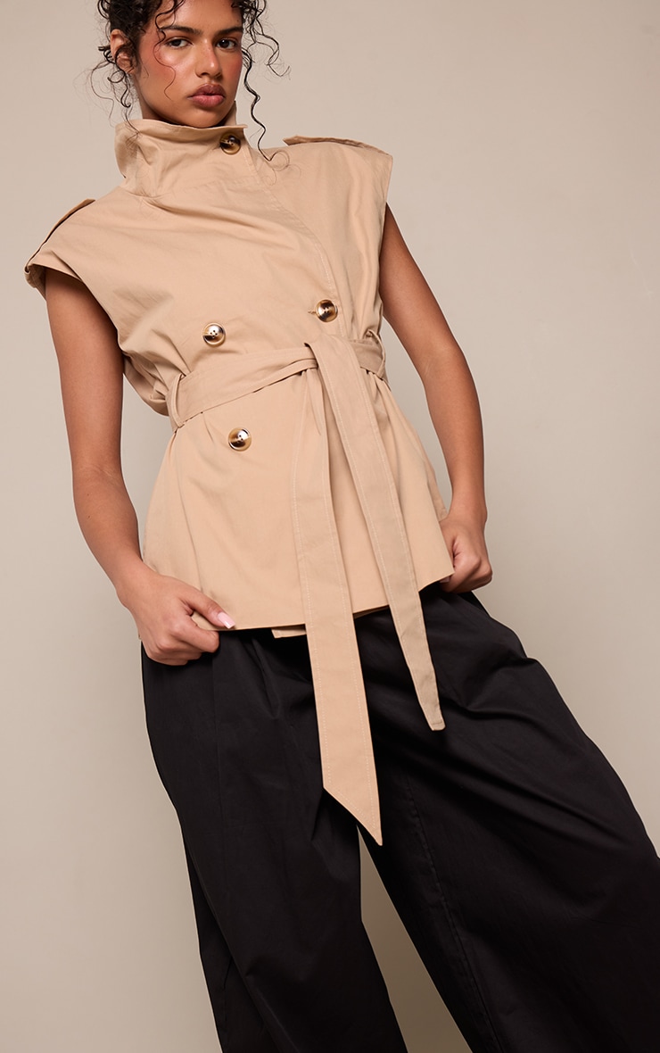 Beige Funnel Neck Trench Gilet