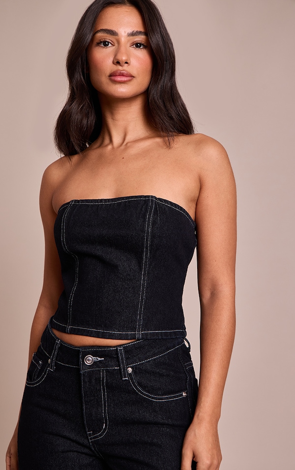 Petite Indigo Seam Detail Denim Bandeau Top