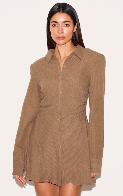 Robe chemise structurée gris champignon froncée à manches longues
